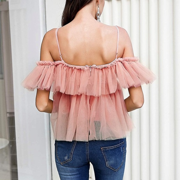 NWT - Romantic Ruffled Tulle Peplum Blouse – Cold Shoulder Lace-Up Top 🎀💕 - Picture 4 of 6